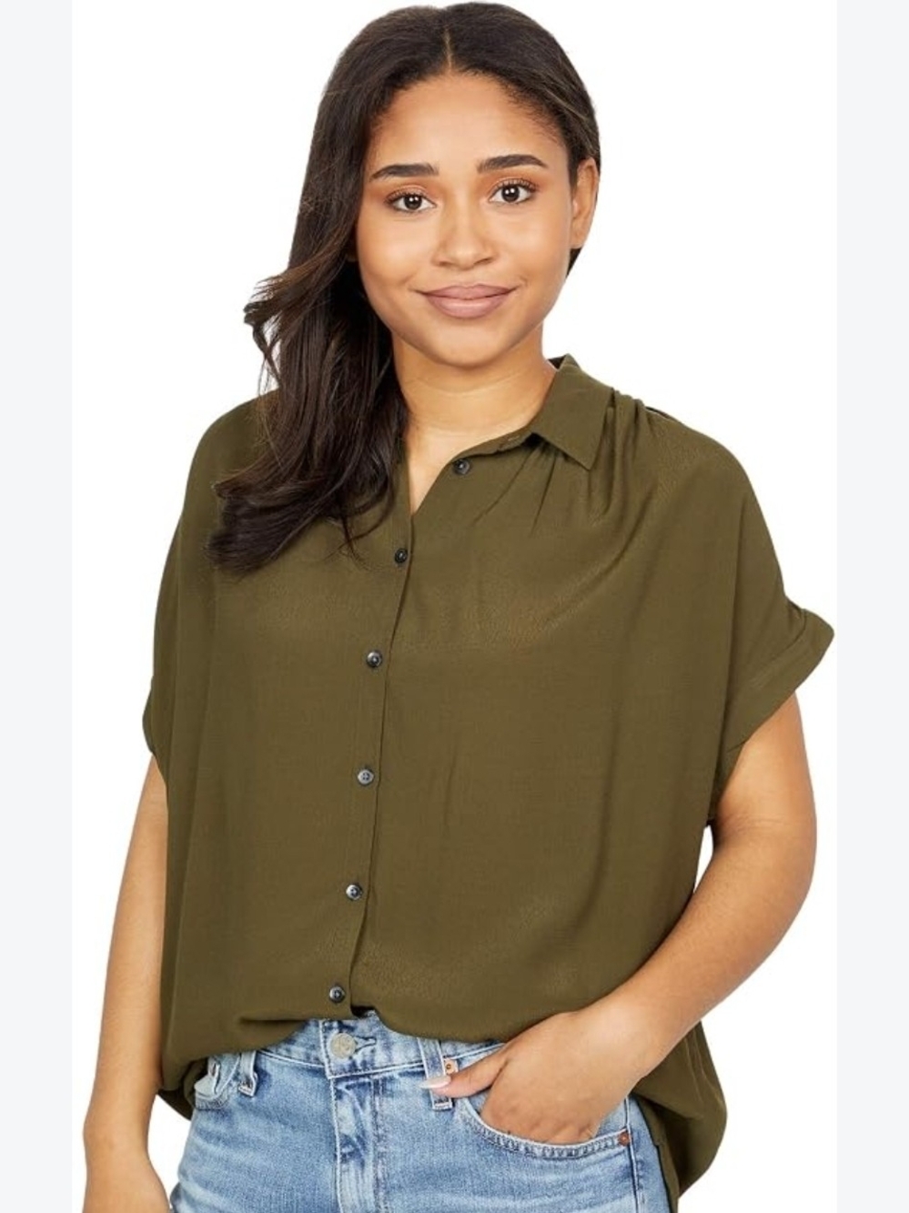 Madewell Army Green Crepey Button-Front, Drop Short Sleeve Collared Top Sz M